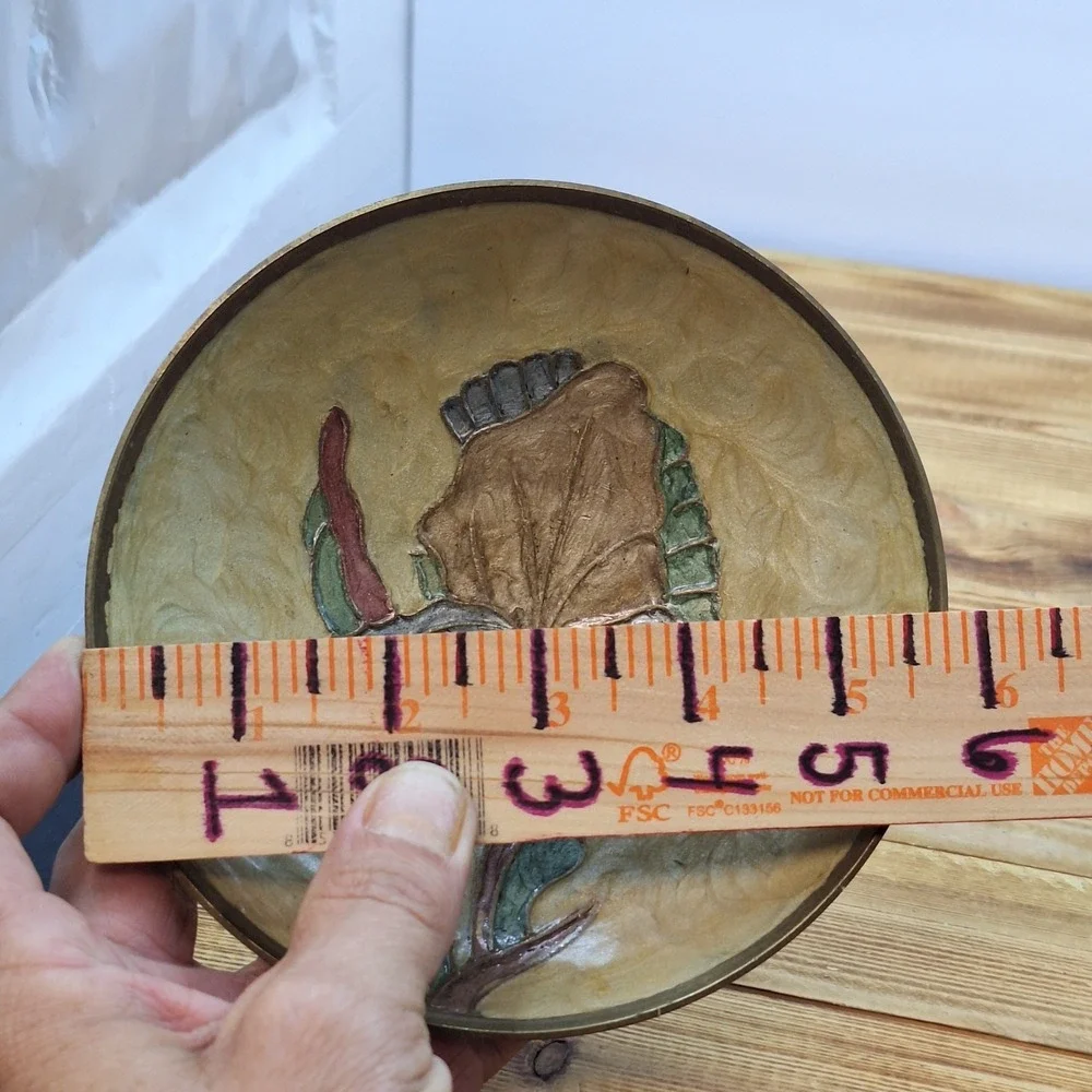 vintage brass decorative‎ wall plate featuring a hand-painted enamel iris Design